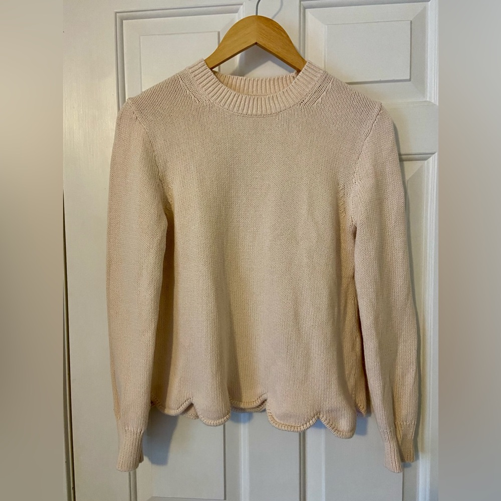 J by J Crew Cream Crew Neck Cotton Sweater with Scalloped Hem